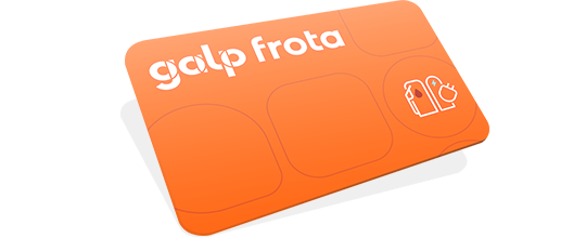 Fotografia do cartão Galp Frota. O cartão é cor-de-laranja, tem o logótipo Galp Frota no canto superior esquerdo, e dois ícones referente ao abastecimento de combustível e ao carregamento elétrico.
