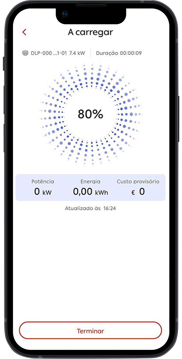 Fotografia de um ecrã de telemóvel, com a área de carregamento aberto. Vê-se a percentagem de carregamento, a potência, energia e o custo provisório.
