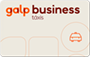 Cartão Galp Business Táxis com ícone de táxi, sobre fundo claro com elementos gráficos e o logótipo Galp Business.