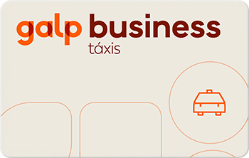 Cartão Galp Business Táxis com ícone de táxi, sobre fundo claro com elementos gráficos e o logótipo Galp Business