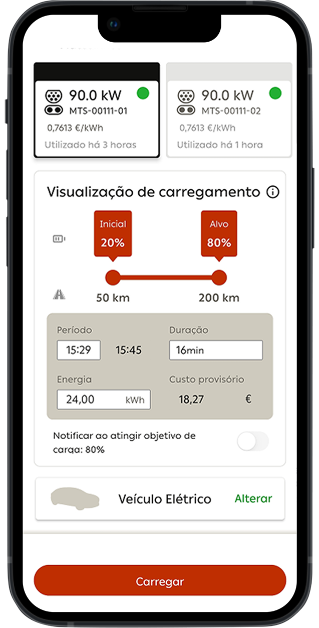 Fotografia de um ecrã de telemóvel, com a área de visualização de carregamento aberta. Vê-se os tipos de carregadores disponíveis e respetivas potências, a visualização de carregamento com opção de 