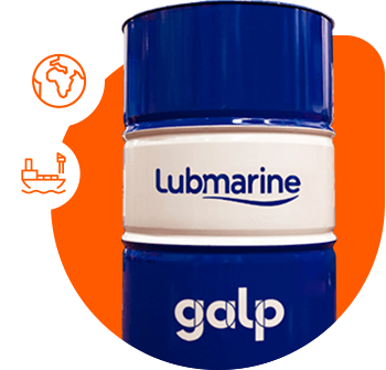 Tambor de lubrificante Lubmarine Galp com ícones de transporte marítimo e cobertura global sobre fundo branco.