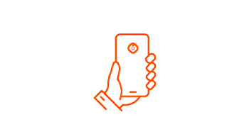 Icono naranja de una mano sosteniendo un teléfono celular.