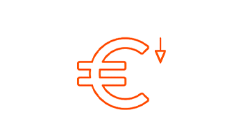 Icono de símbolo de moneda euro naranja con una flecha apuntando hacia abajo en la esquina superior derecha.