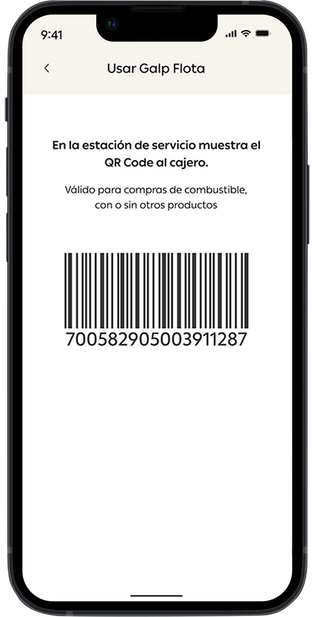 Pantalla 'Usar Galp Flota' con instrucciones para mostrar el código al cajero y un código de barras grande para pagar en la estación de servicio.