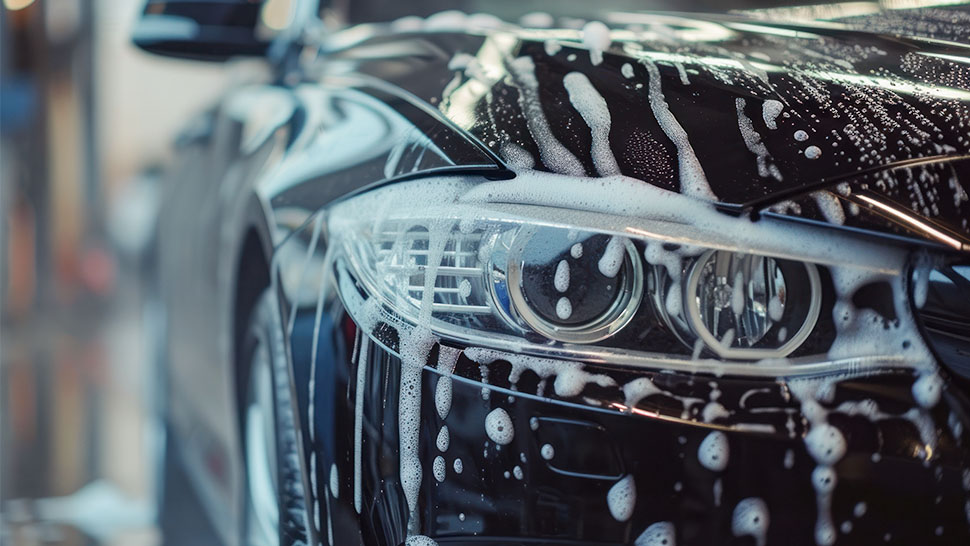 Primer plano de un coche negro durante un lavado, con espuma y agua cubriendo el faro delantero.