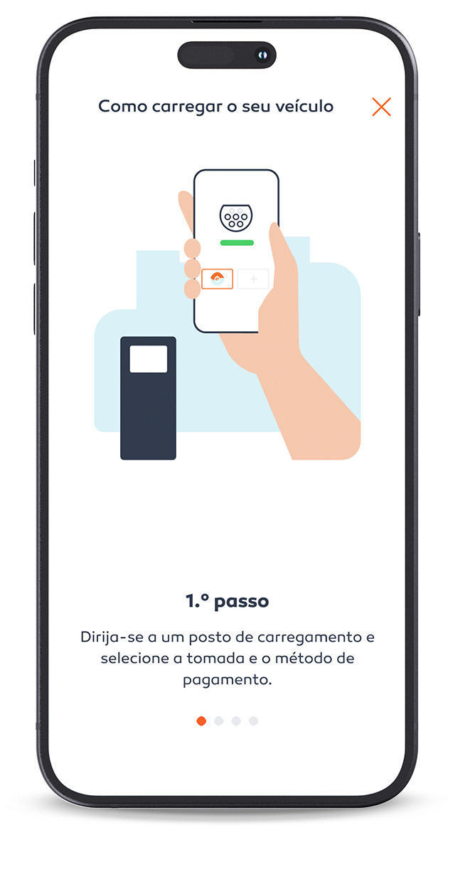 Ecrã de telemóvel com app Mundo Galp aberta no passo-a-passo de como carregar o seu veículo.