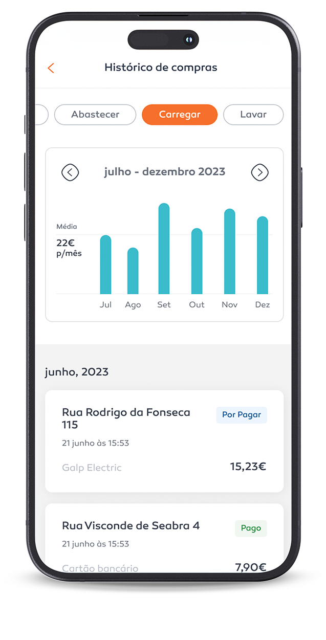 Ecrã de telemóvel com app Mundo Galp aberta no ecrã 