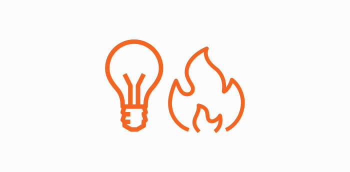Ícone de uma lâmpada e fogo.