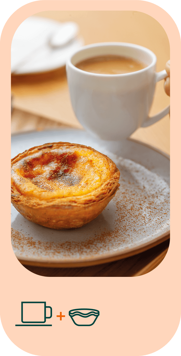 Fotografia de um pastel de nata pousado num prato e uma mão a segurar numa chávena de café.