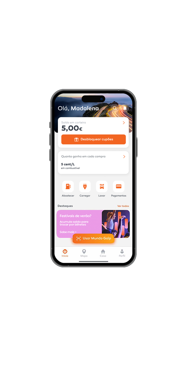 Ecrã de um telemóvel com a app Mundo Galp aberta na página principal.