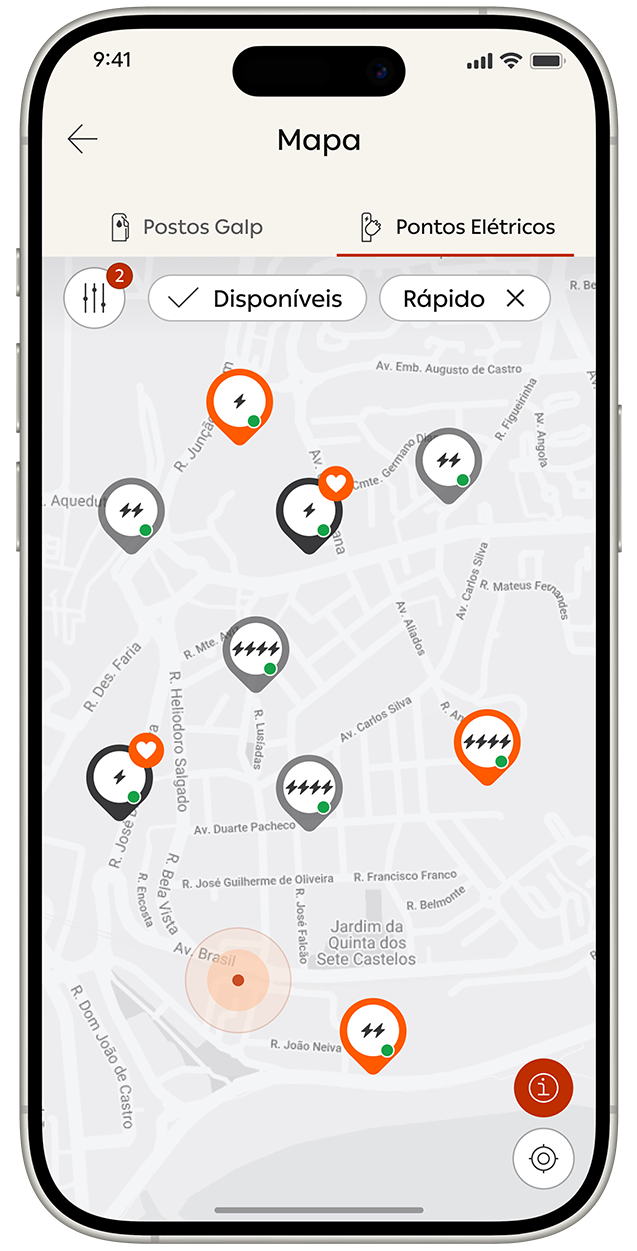 Ecrã de telemóvel com app Mundo Galp aberta na área dos mapas.