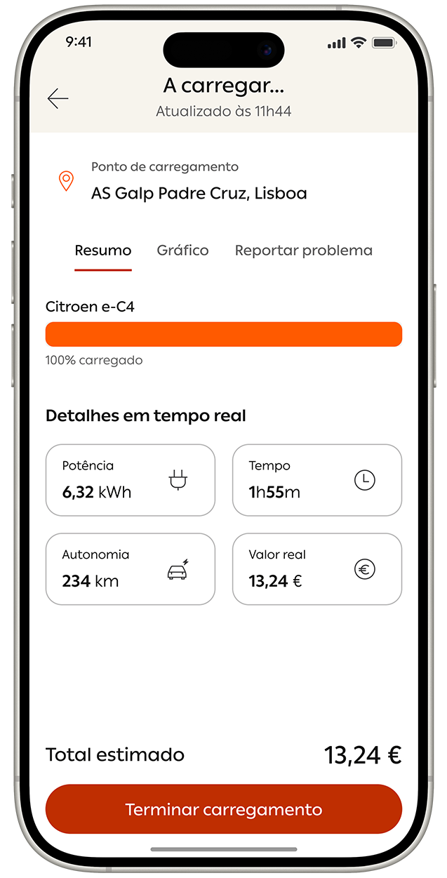 Ecrã de telemóvel com app Mundo Galp aberta no ecrã 