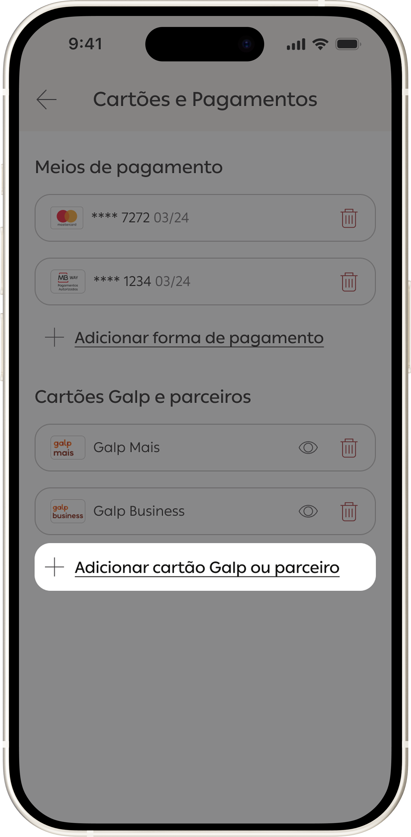 Adicionar cartão Galp ou parceiro