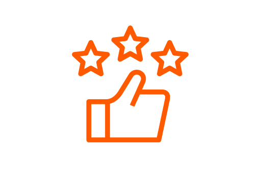 Ícone minimalista com mão em gesto positivo e três estrelas em contorno laranja sobre fundo preto. A imagem representa qualidade premium, confiança automóvel, satisfação do cliente e elevado desempenho de produtos para manutenção e proteção do carro.