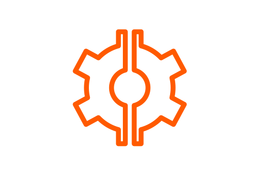 Ícone ilustrativo com engrenagem e eixo central em contorno laranja sobre fundo preto. A composição representa redução de fricção mecânica, proteção de peças internas do motor, menor desgaste automóvel e melhoria de desempenho do veículo.