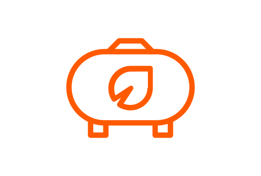 Ícone gráfico com contorno laranja representando um depósito de combustível com folha no centro. A imagem simboliza eficiência energética, redução de consumo de combustível, sustentabilidade automóvel e condução mais eficiente e ecológica.