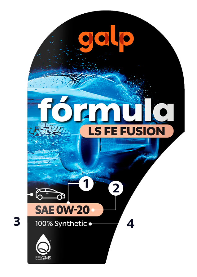 Rótulo completo do óleo lubrificante Galp Fórmula LS FE Fusion SAE 0W-20 100% Synthetic. A embalagem apresenta design futurista com carro azul em movimento sobre fundo preto, transmitindo inovação, eficiência energética, proteção avançada do motor, redução de desgaste e elevado desempenho automóvel. O rótulo inclui identificação de viscosidade SAE 0W-20, tecnologia sintética e compatibilidade com veículos ligeiros.
