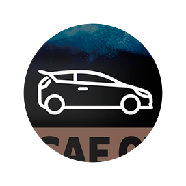 Ícone minimalista de automóvel em branco sobre fundo escuro com detalhes azuis. A imagem representa compatibilidade com veículos ligeiros, desempenho automóvel, manutenção do motor e utilização de óleo lubrificante automóvel premium.
