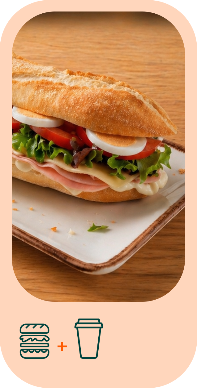 Sandes em pão baguete com fiambre, queijo, alface, tomate e ovo, acompanhada por um ícone de café para takeaway.