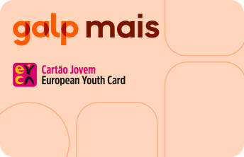 Cartão Galp Mais com Cartão Jovem European Youth Card, fundo laranja claro.
